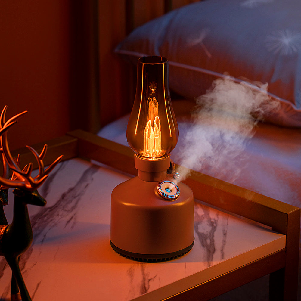 Vintage Retro Time Lamp Humidifier - Rechargeable Battery-Powered Ultrasonic Humidifier with Warm Ambient Light for Bedroom & Desk