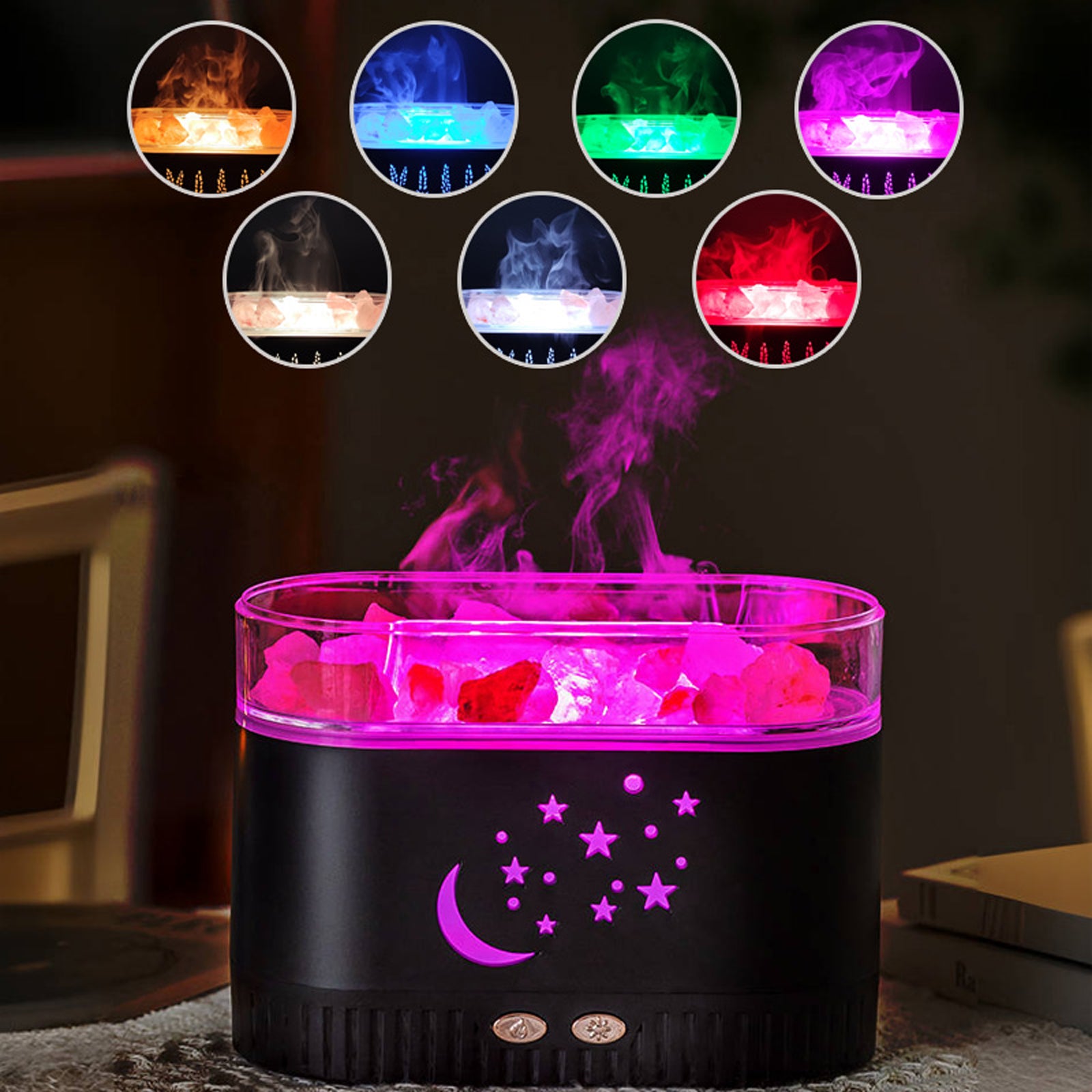 Star Moon Crystal Rock Aromatherapy Humidifier - Colorful Flame Effect Essential Oil Diffuser with Ambient Lighting for Home & Bedroom
